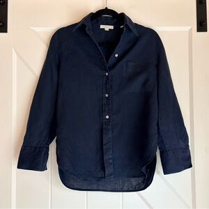 Vince Navy 100% Linen Button Front Shirt Blouse Pocket Relaxed Fit XXS